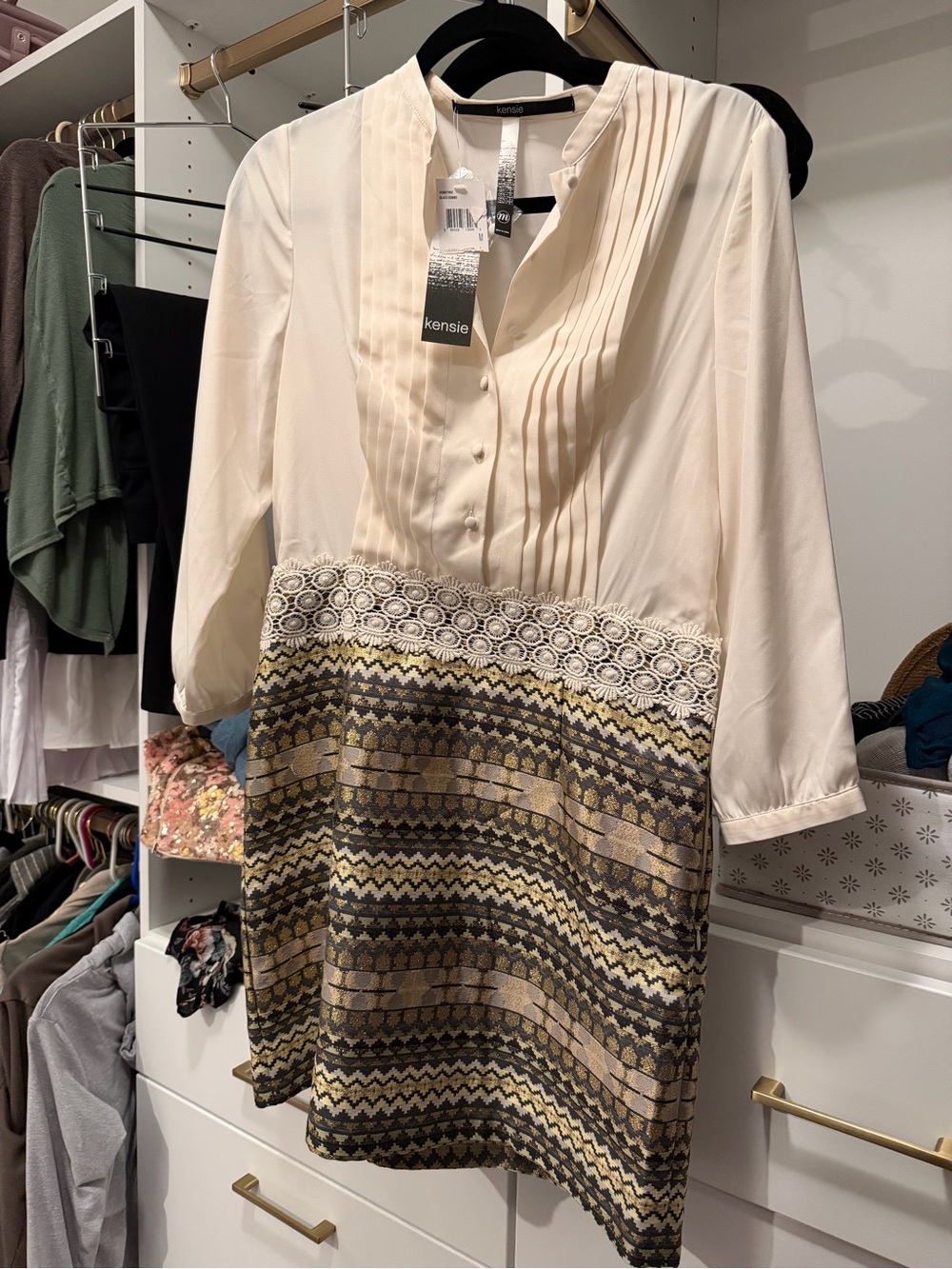 kensie Cream Blouse Tunic with Gold and Black Patterned Skirt